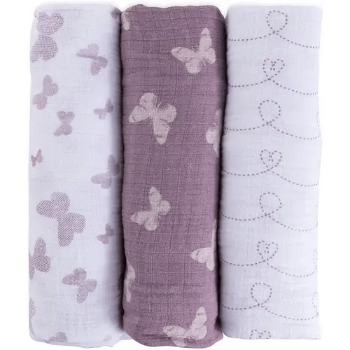 Ely's & Co. Muslin Swaddle Blanket 100% Soft Muslin Cotton 3 Pack 47"x 47" (Lavender Butterfly)