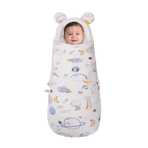 Baby Swaddle Blanket with Bear Ears, Soft Breathable Newborn Wrap for 0-6 Months, Cute Animal Design Receiving Blanket, All-Season Nursery Gift, Outer Space Rocket Print