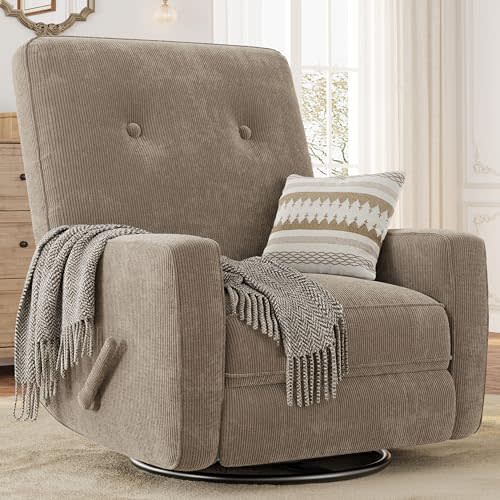Garvee Nursery Recliner Chair, 360° Swivel Rocking Glider Chair for Adults with Adjustable Backrest & Footrest, Cozy Corduroy Upholstered Armchair for Living Rooms, Bedrooms, Apartments, Light Brown