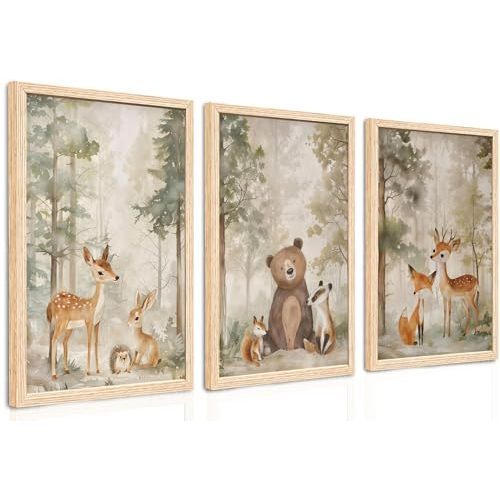 ICHZUMW Woodland Nursery Decor Wall Art Set of 3, Cute Forest Friend Animal Canvas Prints Bear Fox Deer Pictures, Nature Watercolor Paintings, Baby Room Kids Bedroom Playroom, Neutral Artwork 16x24in