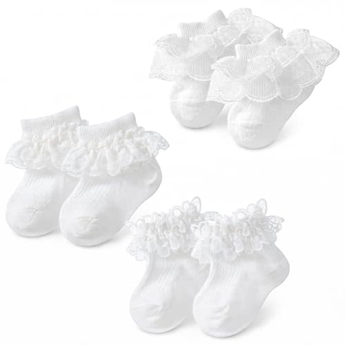 3 Pairs Baby Girl Ruffle Socks, White Double Lace Frilly Socks Cotton Dress Ankle Socks for Newborn Infant Toddler