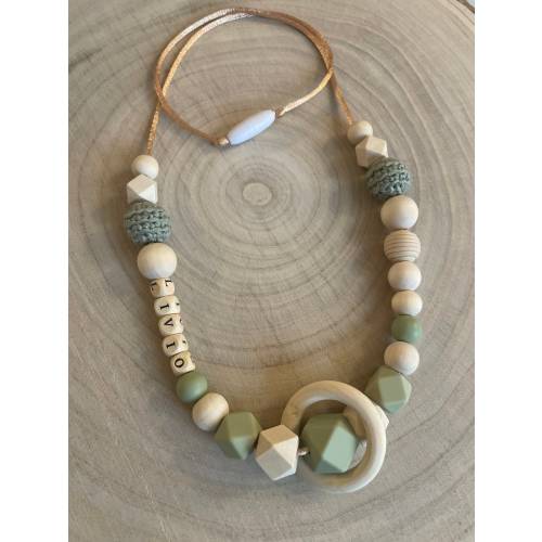 Personalized nursing or babywearing necklace in eucalyptus green