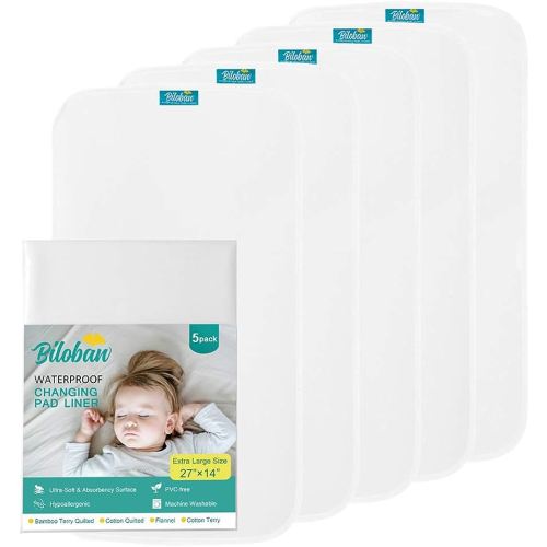 Biloban Changing Pad Liners 100% Waterproof (5 Count), Machine Washable & Dryer and Super Soft, Extra Large 28" X 15" Flannel Baby Diaper Changing Pad Liner, White