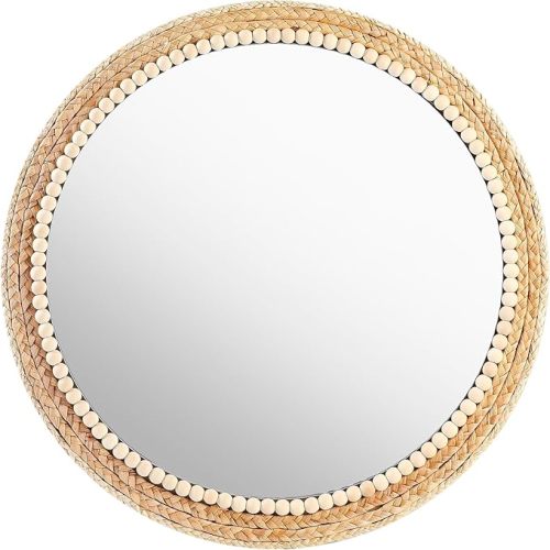 21 Inch Boho Round Hanging Wall Mirror Decorative Rattan Circle Wall Mounted Mirror for Farmhouse, Living Room, Bedroom, Bathroom