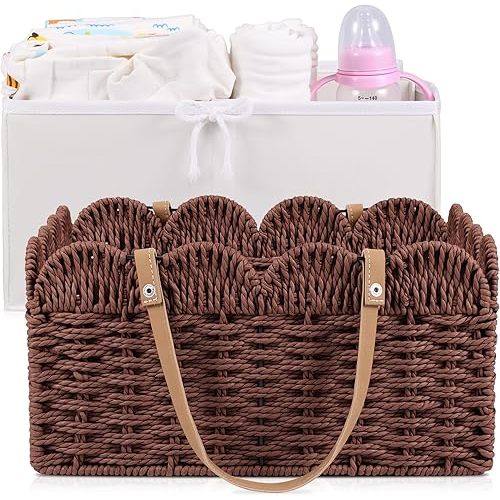 Baby Diaper Caddy Organizer, Woven Wicker Paper Rope Storage Basket with Cotton Divider, Portable Large Nursery Bin Scalloped Diaper Caddy Newborn Essetials Must Haves