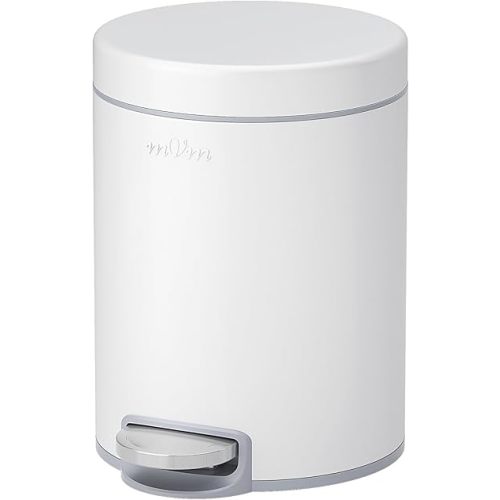 mVm Small Trash Can,1.3 Gallon/5 Lliter Step Bathroom Garbage Can with Lid and Foot Pedal,Soft-Close,Anti-Fingerprint.Round Stainless Steel Trash Can for Bathroom,Office,Living Room (Matte White)