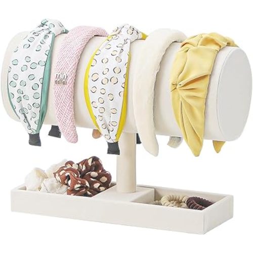 Coward Headband Organizer Holder Stand, Ear Headband Storager Display Stand Rack with Blank Tray for Hairband, Hairpin, Scrunchies,Chain Jewerlry and Hair Accessories (Beige Velvet)