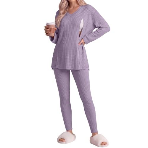 Neer 2 Pcs Maternity Nursing Pajamas Sets Oversize Waffle Breastfeeding Postpartum Outfits Long Sleeve Shirts Legging Pants