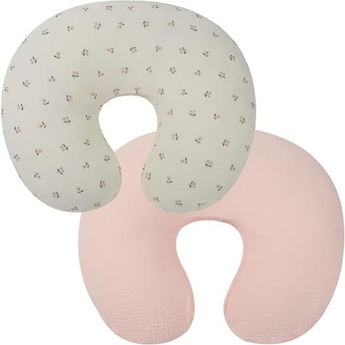 Onacosht Muslin Nursing Pillow Cover 2 Pack 100% Cotton Ultra Soft Breastfeeding Pillow Covers for Baby Boy and Girl, Floral and Light Pink