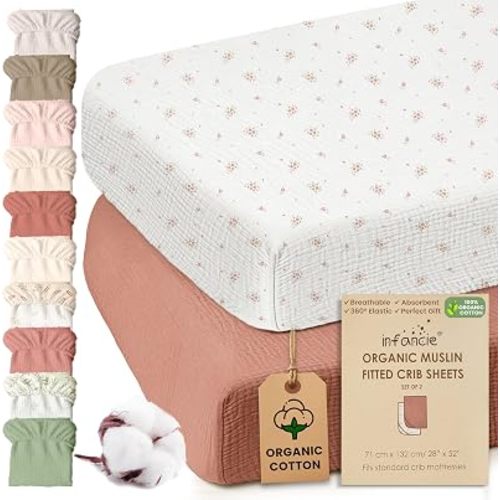 Oeko TEX 100% Organic Cotton 2 PK Muslin Baby Crib Sheets Unisex 28x52 in