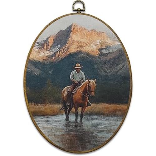 Mcehtle Vintage Western Cowboy Wall Art Decor, Farmhouse Retro Southwestern Oval Framed Canvas Prints 8.6x11.4, Western Bedroom Bathroom Round Wall Hanging Artwork Decorations for Living Room