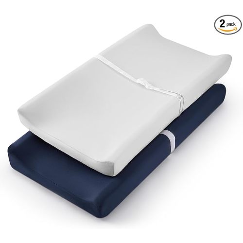 TILLYOU Changing Pad Cover Set in Soft Jersey Material - Fits 32"/34''x16 Contoured Pad for Babies, Navy Blue & Lt Gray