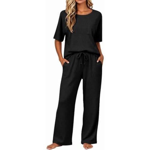 JiniGolla Womens Pajama Sets Waffle Knit Short Sleeve Shirt with Long Pajama Pants Soft Sleepwear Pj Lounge Sets