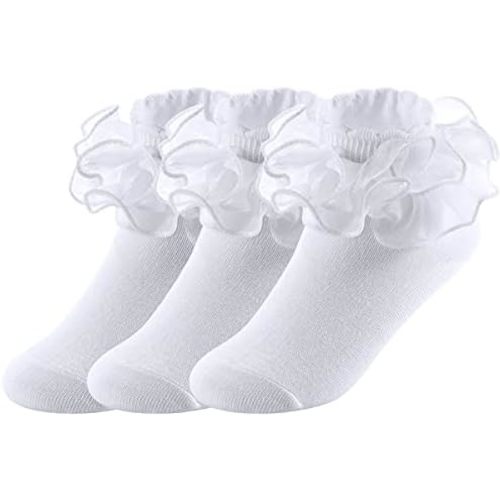 Big Girls Lace Socks Shimmering Cute Ruffle Comfortable Frilly Dress Ankle Socks 3 Pairs
