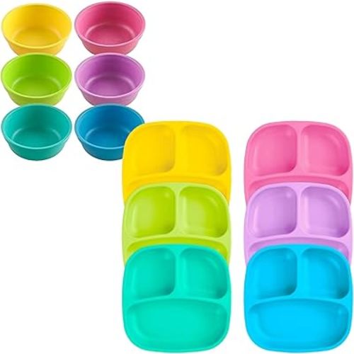 Re-Play Dinnerware Set for Toddlers – 6 Deep-Walled Divided Compartment Plates and 6 Stackable Bowls for Snack and Everyday Dining – Dishwasher/Microwave Safe – Made in USA – Sorbet