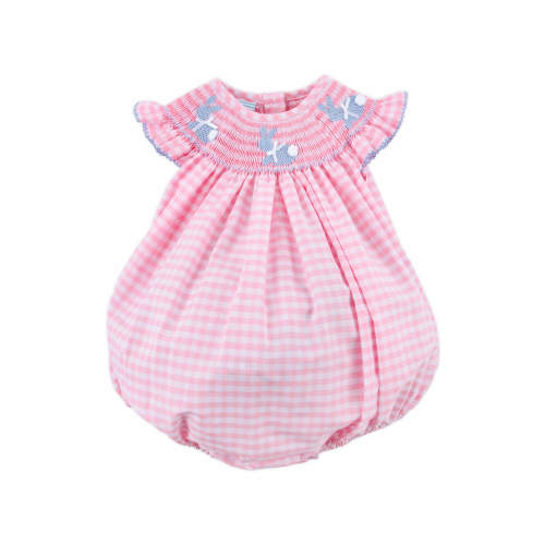 Bunny Tail Smocked Pink Gingham Angel Sleeve Bubble