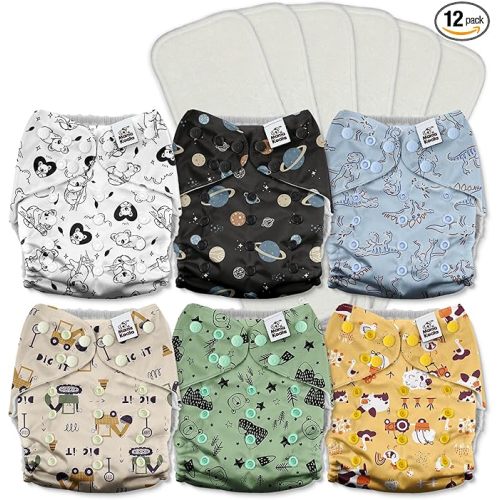 Mama Koala 3.0 Cloth Diapers for Babies with AWJ Lining, 6 Pack with 6 5-Layer Natural Cloth Diaper Inserts - Reusable and Washable Pocket Diapers(A-Dinosaurs and Farm)