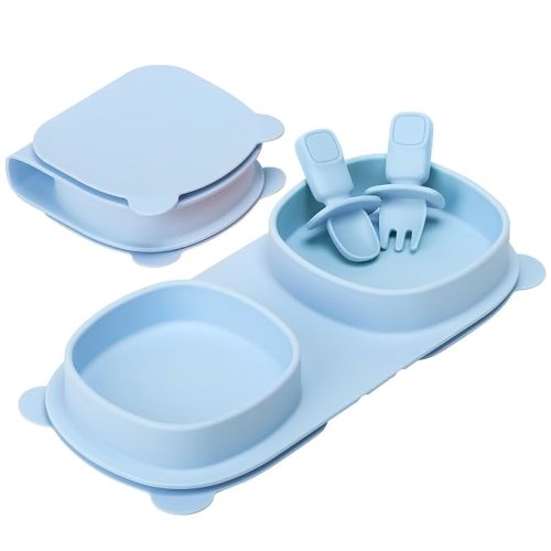 Baby Plates with Suction with Forks and Spoons,Foldable Silicone Toddler Plates,Baby Travel Essential,Microwave & Dishwasher Safe,Baby Blue