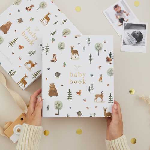 Woodland Animals Baby Memory Book – Gold Foil Keepsake Journal with presentation box, New Parent Gift, Baby Shower Gift
