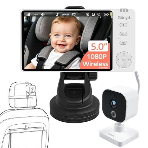 Wireless Baby Car Camera, 1080P HD IR Auto Night Vision, 360 Rotating Rear Facing Baby Monitor, 5" Display 4X Zoom, USB Powered Backseat Camera with 8 Lullabies VOX Temp Alarm & Infant Feed Reminder