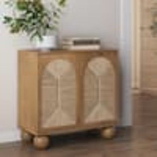 Nathan James Leah Boho Light Brown 31 in. Accent Cabinet, Entryway Storage Cabinet with Ball-Style Feet & Arched Seagrass Doors 73201