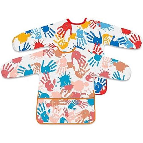 2 Pcs Kids Art Smock Painting Toddler Smock Long Sleeve with 3 Pockets for Kids Art Painting Activity Kitchen Crafts (Pink, Red)