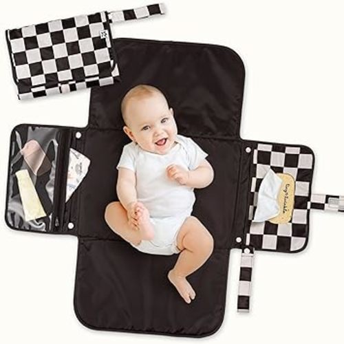 Tiny Twinkle Portable Diaper Changing Pad | Waterproof, Wipeable & Compact Baby Changing Pad for Travel | Smart Wipes Pocket & Organized Storage| Newborn Shower Gift (Black Checkers)