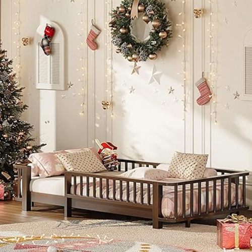 Twin Floor Bed for Kids,Toddler Montessori Floor Bed Frame with Rails