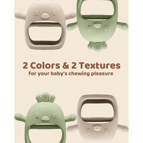 2 Packs Baby Teething Toy Silicone Teething Mitten for Babies Over 3 Months Anti Dropping Wrist Hand Teethers Baby Chew Toys for Sucking Needs, BPA Free (Green & Caramel)