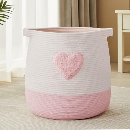 Large Baby Nurser Hamper Pink Rope Laundry Basket | Kids Girls Laundry Basket Toy and Blanket Storage Basket for Nursery and Playroom, Cotton Rope Hamper for Girls Room Bedroom