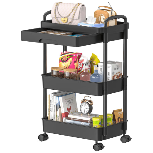 Cshidworld 3 Tier Rolling Utility Cart with Drawer, Storage Organizer with Shelf & Lockable Wheels, Storage Cart for Kitchen Bathroom Living Room Office, Storage Shelves Organizer Cart, Black