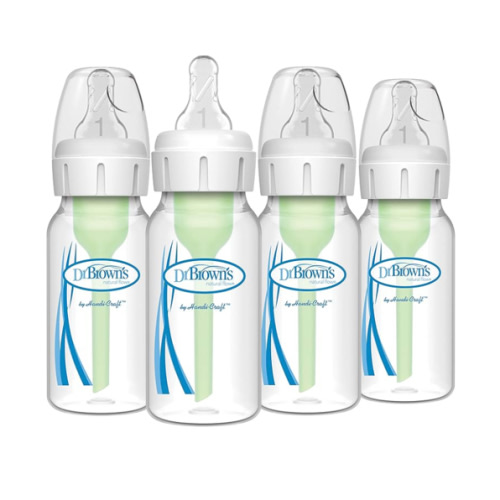 Dr. Brown's Natural Flow Anti-Colic Options+ Narrow Baby Bottle, 4 oz/120 mL, with Level 1 Slow Flow Nipple, 0m+, 4 Bottles