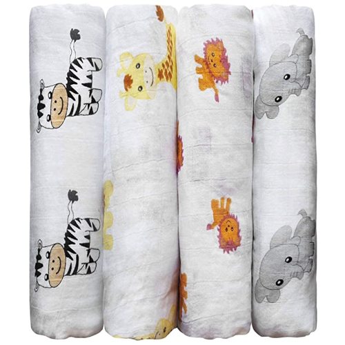 CuddleBug Muslin Baby Swaddle Blankets for Boys and Girls Size Large 4 x 4 Feet – Muslin Cotton 4 Pack (Safari Friends)