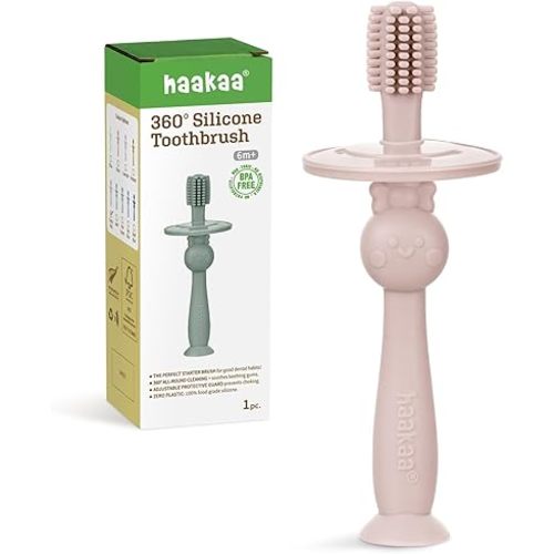 haakaa 360° Baby Toothbrush with Suction Base - Gentle Cleaning for Toddler's Self-Brushing Training, Food-Grade Silicone, Adjustable Safety Shield - Dusty Pink (1 Piece)