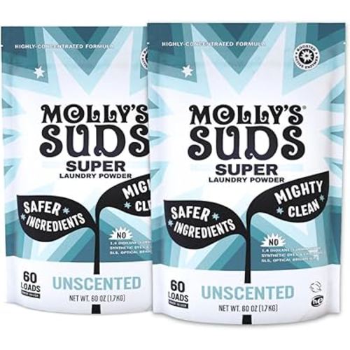 Molly's Suds Unscented Super Powder Detergent | Extra Strength Laundry Soap, Stain Fighting | Sensitive Skin | Simple, Effective Ingredients | 120 Loads Total (2 Pack)