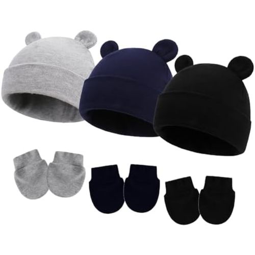 Newborn Hat Mittens Baby Boys Girls Cotton Hat Gloves Set Infant Beanie for 0-6 Months
