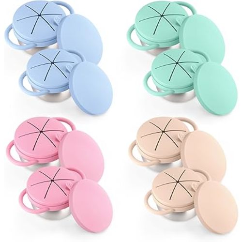 8 Pack Stainless Steel Snack Containers for Kids with Spill-Proof Silicone Lids & Handles - 3-in-1 Snack Cups for Toddlers Spill Proof | Dishwasher Safe, BPA-Free On-the-Go Kids Snack Containers Box