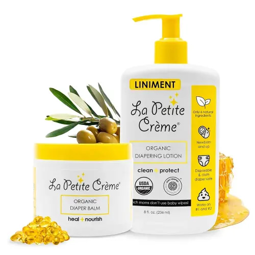 La Petite Creme French Premium Diapering Lotion (8 oz) and Organic Diaper Balm (4 oz) - Healing and Nourishing Diaper Cream, Gentle & Safe Liniment Baby Lotion - USDA & EWG Certified - Baby Essentials