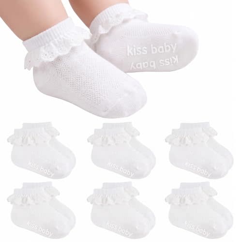 6 Pairs Baby Girl Infant Toddler Ruffle Lace Dress Socks With Grips | Soft cotton non-slip! Fit in 0-6M 6-12M 1-3Y. Match Mary Janes, first walking, daily wear, parties & shower registry gifts.
