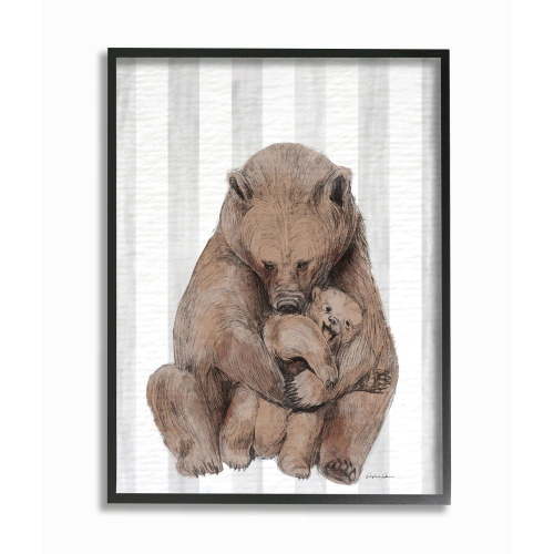 Stupell Industries Bear and Cub Family Grey Stripe Nursery Illustration Framed Wall Art Design by Daphne Polselli, 11" x 14", Black Framed