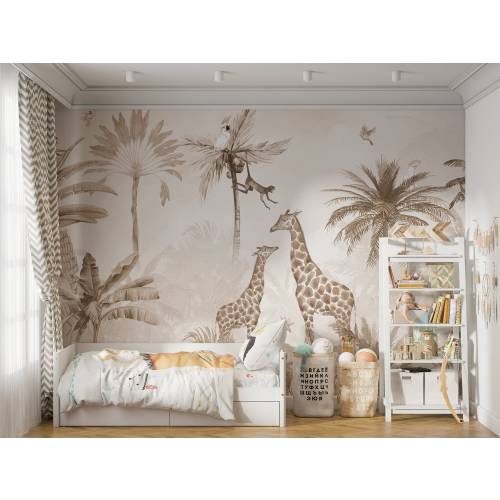 Two Giraffe in The Jungle with Animals Wallpaper- Tropical Wallposter- Nursery Room Decor- Peel and Stick - Minimalist Mural- Gift For Kids
