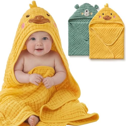 Blissful Diary Muslin Baby Hooded Towel 2 Pack, Soft & Absorbent Bath Towel for Infant, Toddler, Unisex, Baby Gift, Newborn Essentials, Smart Bear & Sunny Duck