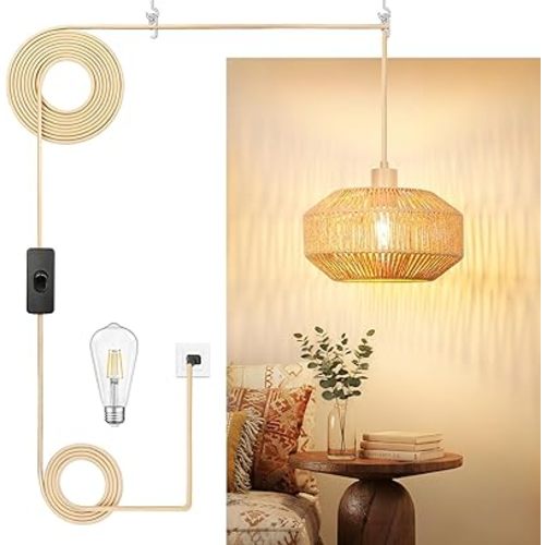 Rattan Pendant Light Plug in - 15ft Hanging Lamp Cord with Switch, Boho Hanging Light Fixture, Handwoven Boho Lamp for Living Room, Bedroom, Kitchen Island, Hallway (3 Brightness Levels)