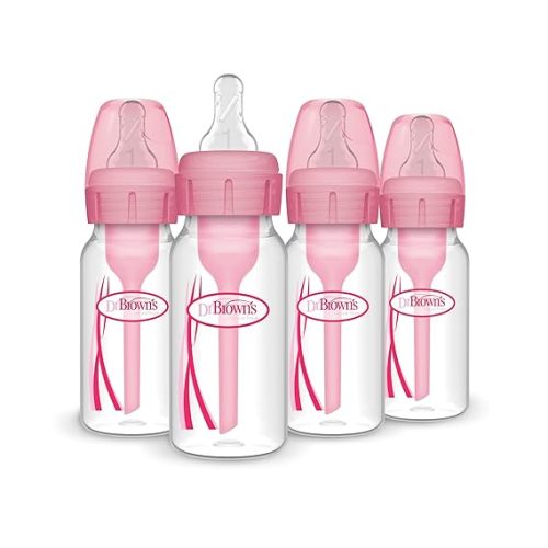 Dr. Brown's Natural Flow Anti-Colic Options+ Narrow Baby Bottle, 4 oz/120 mL, with Level 1 Slow Flow Nipple, Pink, 0m+, 4 Pack