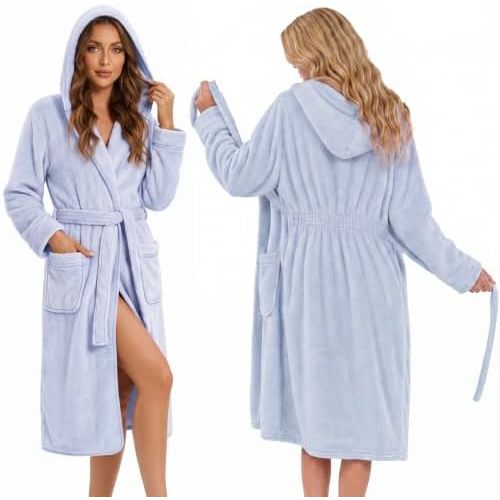 HEARTNICE Womens Hooded Fluffy Robe, Soft Long Bathrobe with Cinched Waist, Cozy Housecoat with Pockets