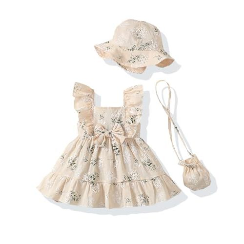 Renotemy Newborn Infant Baby Girl Dresses Summer Outfits Boho Casual Sundress Gifts Toddler Clothes for Girl with Hat and Bag