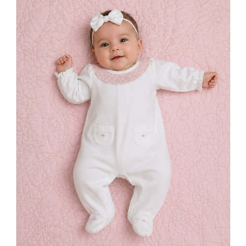 Baby Girl Pink Smocked Collar Footie - 100% Cotton - Marco & Lizzy