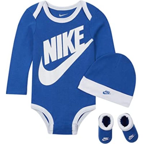 Nike Baby Long Sleeve Bodysuit, Hat and Booties 3 Piece Set (Game Royal(MN0134-U89)/White, 6-12 Months)
