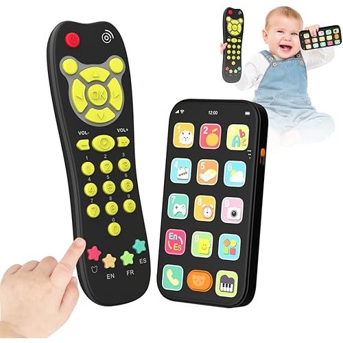 Toy Phone Baby Remote Control Toy Set, Play Phones TV Remote Control with Music Light for 6+ Months, Early Learning Baby Toys Gift for 1 Year Old Boys Girls Kids Toddler Infant, English/Spanish, Black