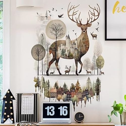 Modern Minimalist Style Forest Elk Deer Moose Wall Stickers, sacinora Jungle Animal Wall Decals Removable Vinyl Peel and Stick for Living Room Bedroom Study Room Office Art Decorations